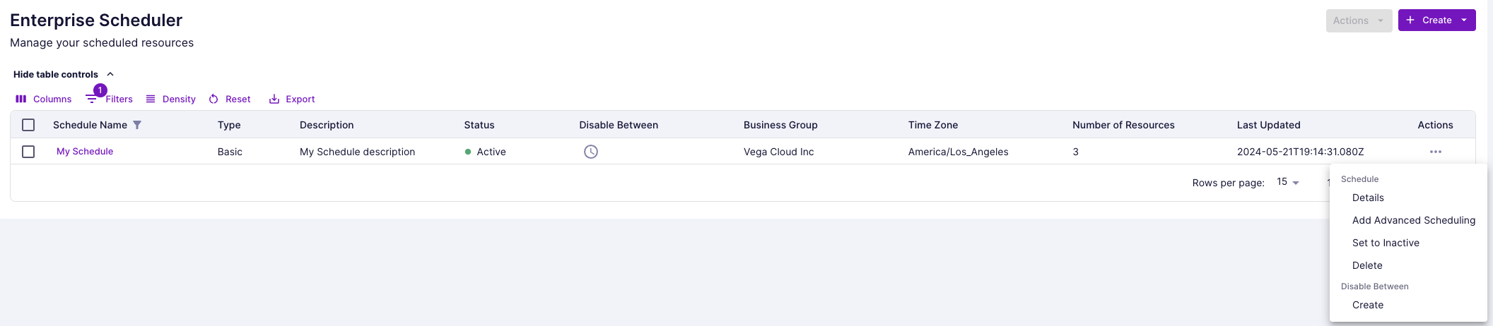 View Actions for Schedule