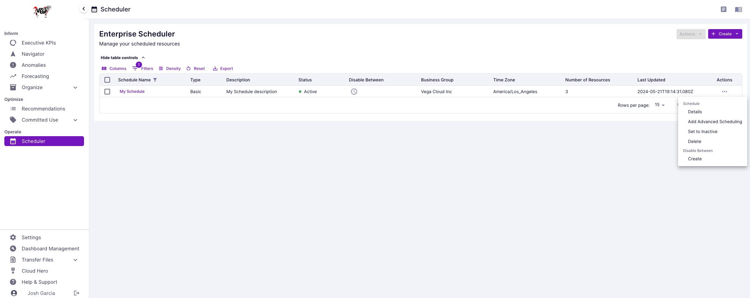 View Actions for Schedule